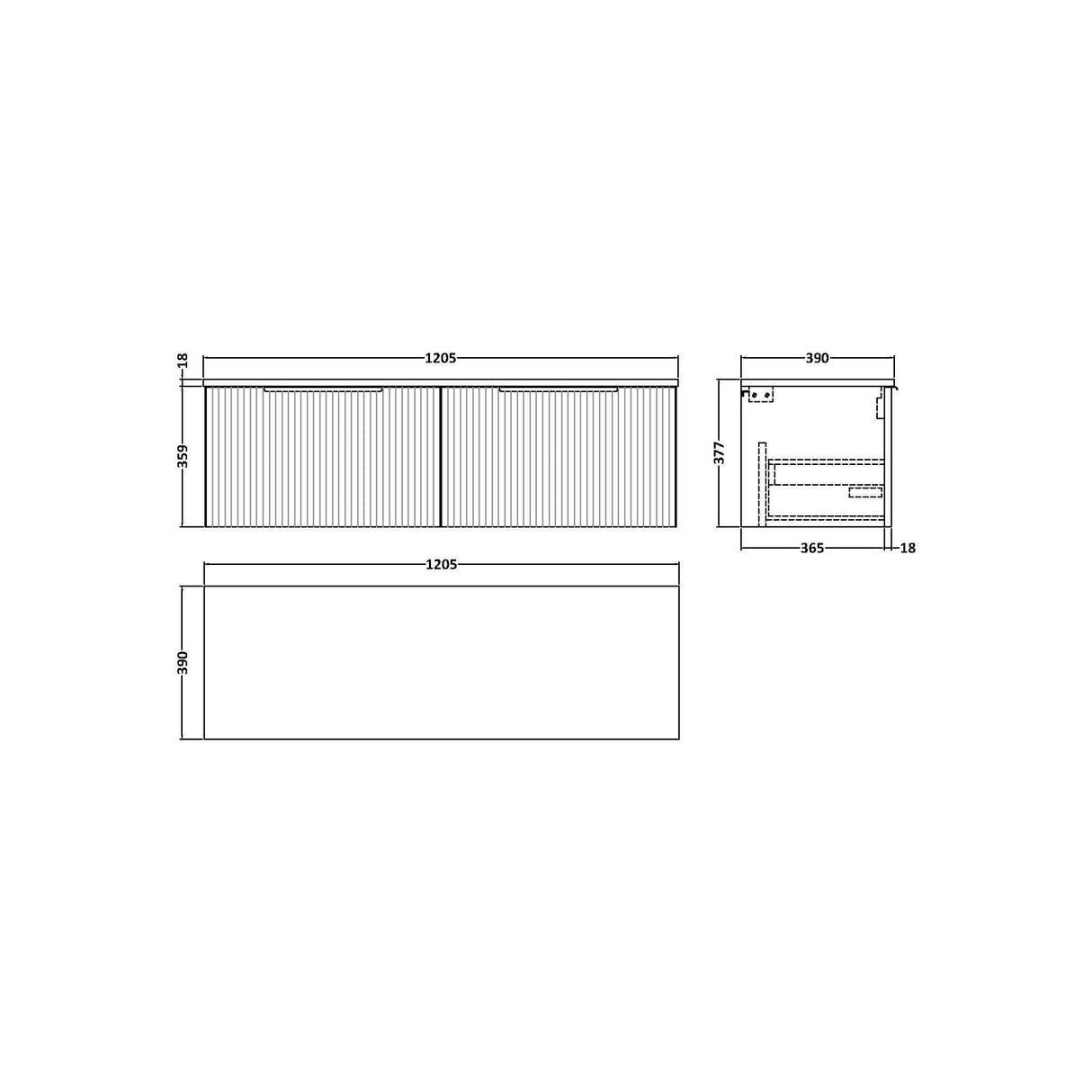 [BFFF894W2] Tixall Fluted 2 Drawer Wall Hung Vanity Unit with Worktop - Choice of Colour - Technical Drawing