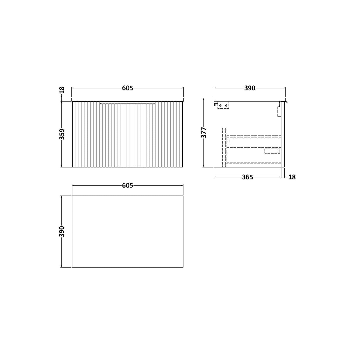 [BFFF894W] Tixall Fluted 1 Drawer Wall Hung Vanity Unit with Worktop - Choice of Size and Colour - Technical Drawing