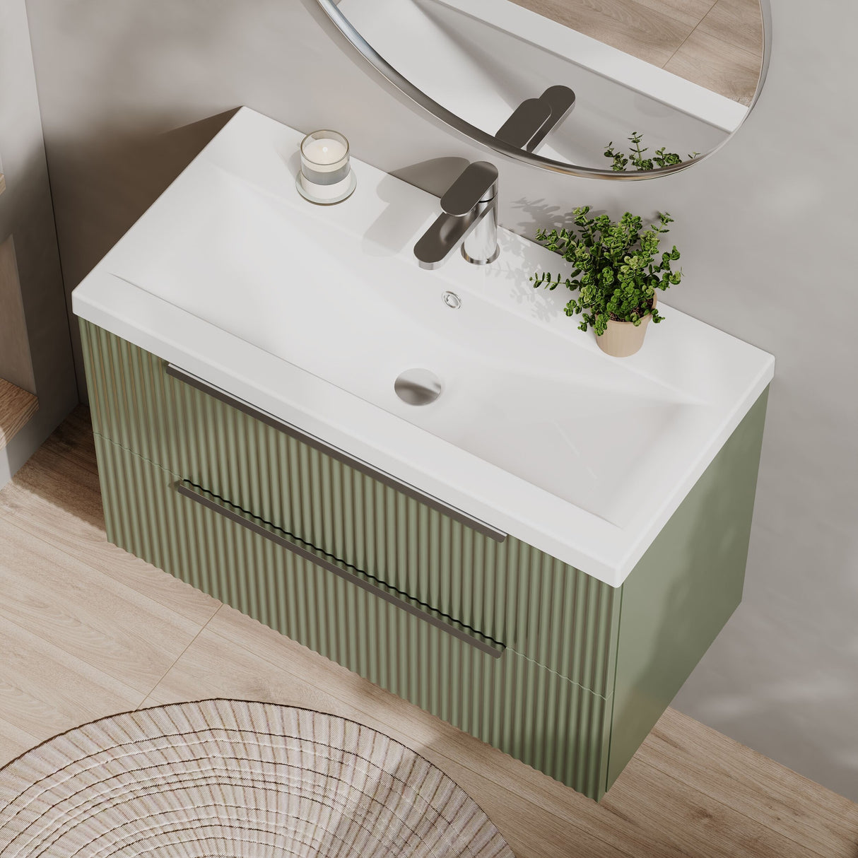[BFFF895A] Tixall Fluted Front Wall Hung Vanity Basin Unit 800mm - 2 Drawer - Lifestyle 2