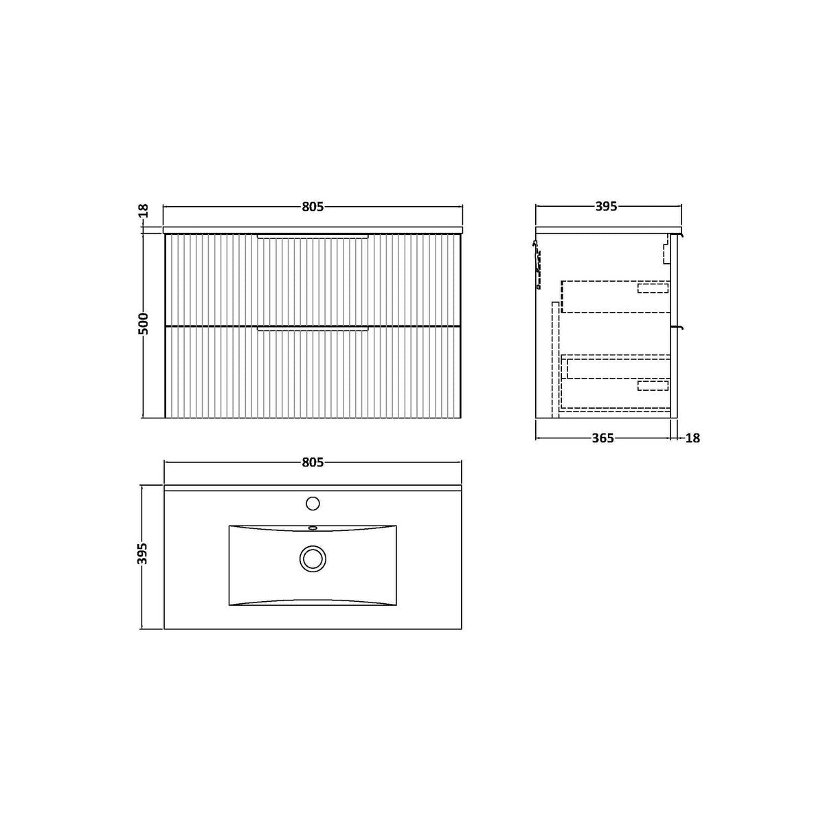 [BFFF895B] Tixall Fluted 2 Drawer Wall Hung Vanity Unit with Minimalist Basin - Choice of Size and Colour - Technical Drawing