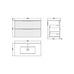 [BFFF895B] Tixall Fluted 2 Drawer Wall Hung Vanity Unit with Minimalist Basin - Choice of Size and Colour - Technical Drawing