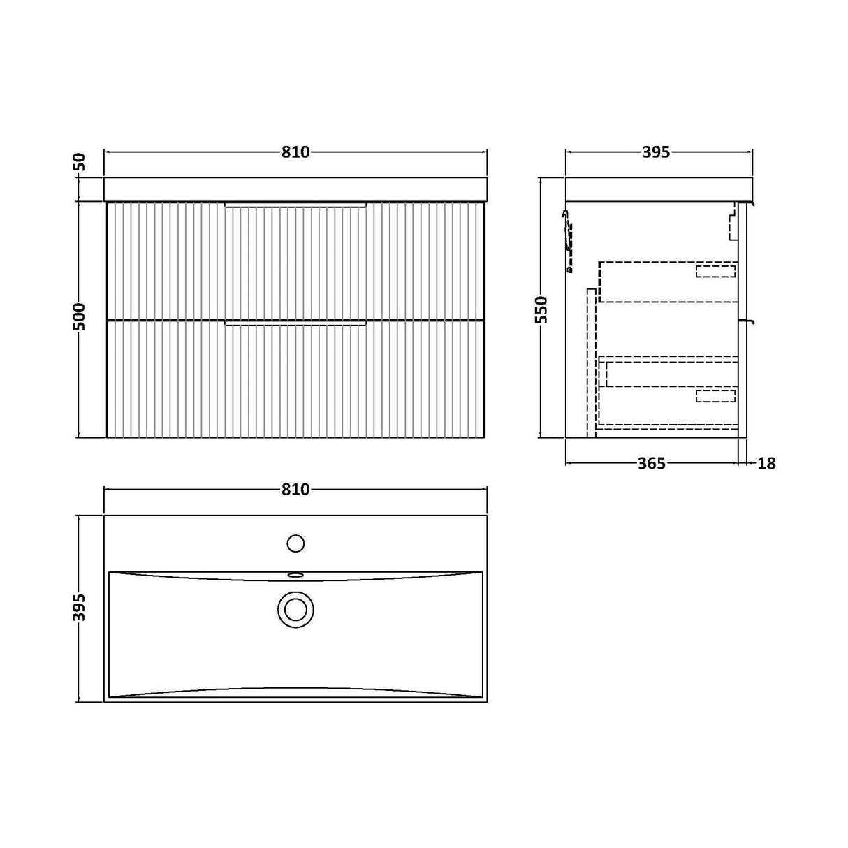 [BFFF895D] Tixall Fluted 2 Drawer Wall Hung Vanity Unit with Thin Edge Basin - Choice of Size and Colour - Technical Drawing