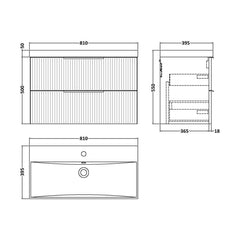 [BFFF895D] Tixall Fluted 2 Drawer Wall Hung Vanity Unit with Thin Edge Basin - Choice of Size and Colour - Technical Drawing