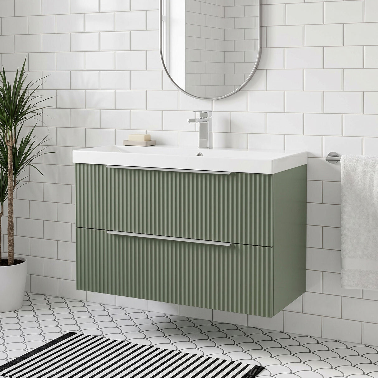 [BFFF895D] Tixall Fluted 2 Drawer Wall Hung Vanity Unit with Thin Edge Basin - Choice of Size and Colour