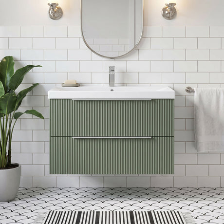 [BFFF895D] Tixall Fluted 2 Drawer Wall Hung Vanity Unit with Thin Edge Basin - Choice of Size and Colour - Silo