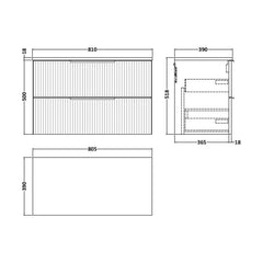 [BFFF895W] Tixall Fluted 2 Drawer Wall Hung Vanity Unit with Worktop - Choice of Size and Colour - Technical Drawing