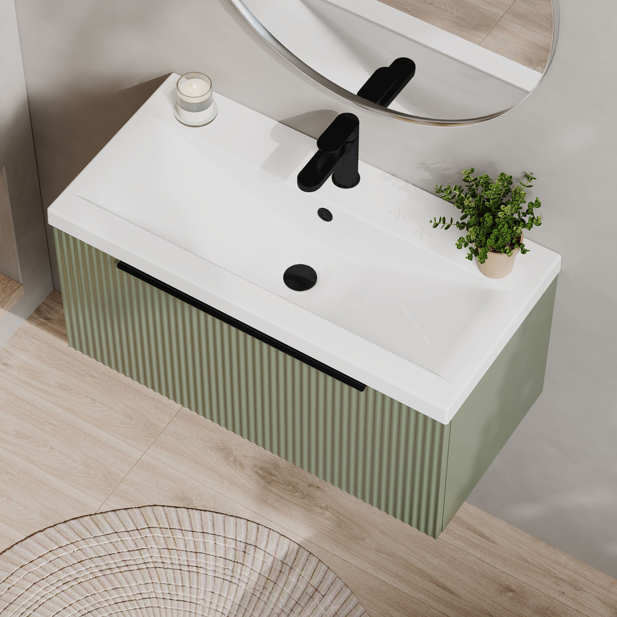 [BFFF896AH226] Tixall Fluted Front Wall Hung Vanity Basin Unit 800mm - 1 Drawer - Lifestyle 2