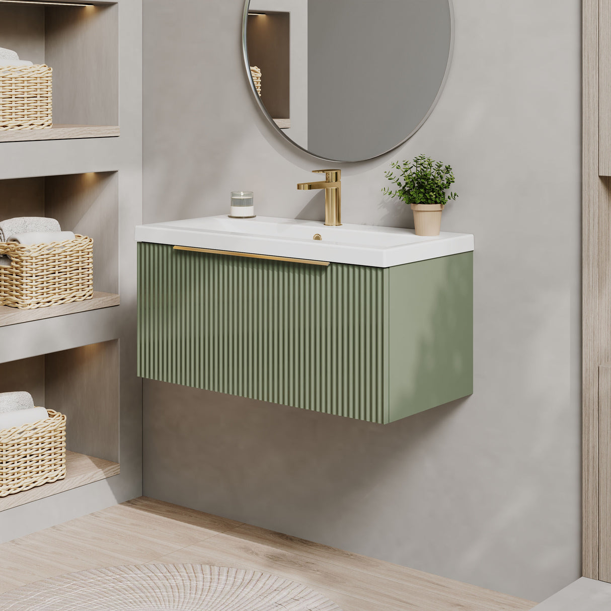 [BFFF896AH326] Tixall Fluted Front Wall Hung Vanity Basin Unit 800mm - 1 Drawer - Lifestyle 3
