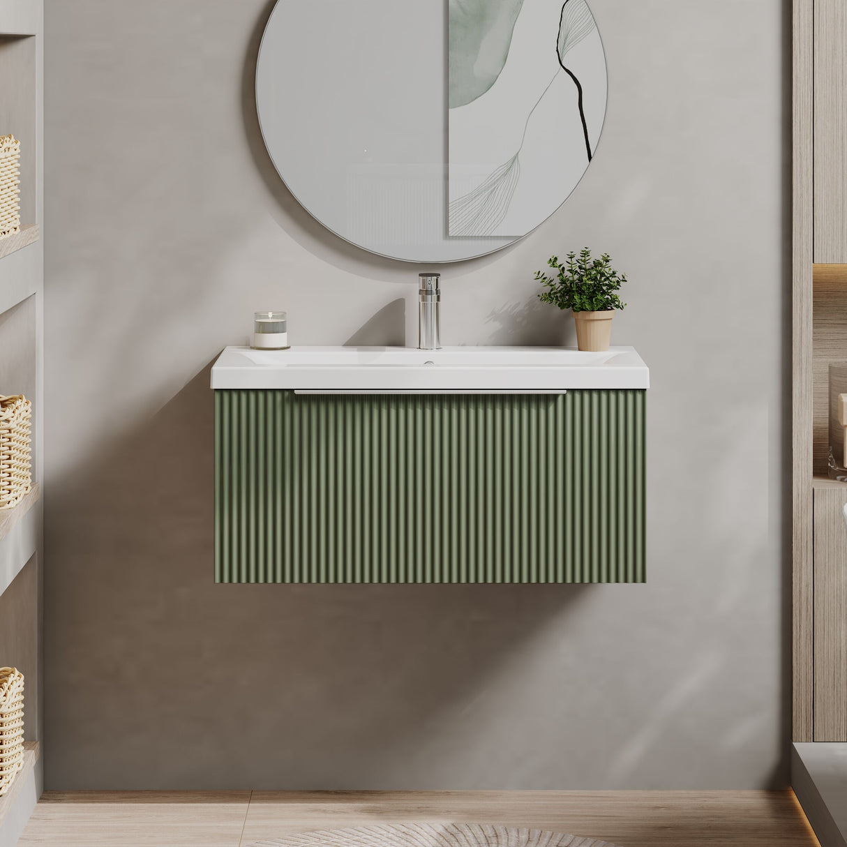 [BFFF896A] Tixall Fluted Front Wall Hung Vanity Basin Unit 800mm - 1 Drawer - Lifestyle 1