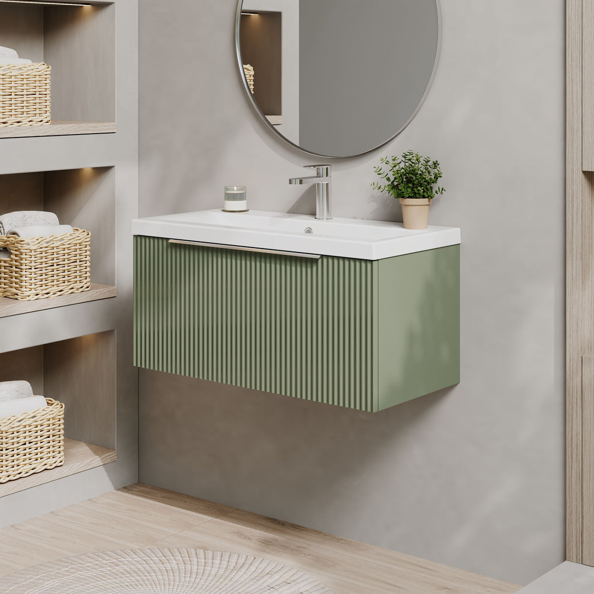 [BFFF896A] Tixall Fluted Front Wall Hung Vanity Basin Unit 800mm - 1 Drawer - Lifestyle 3