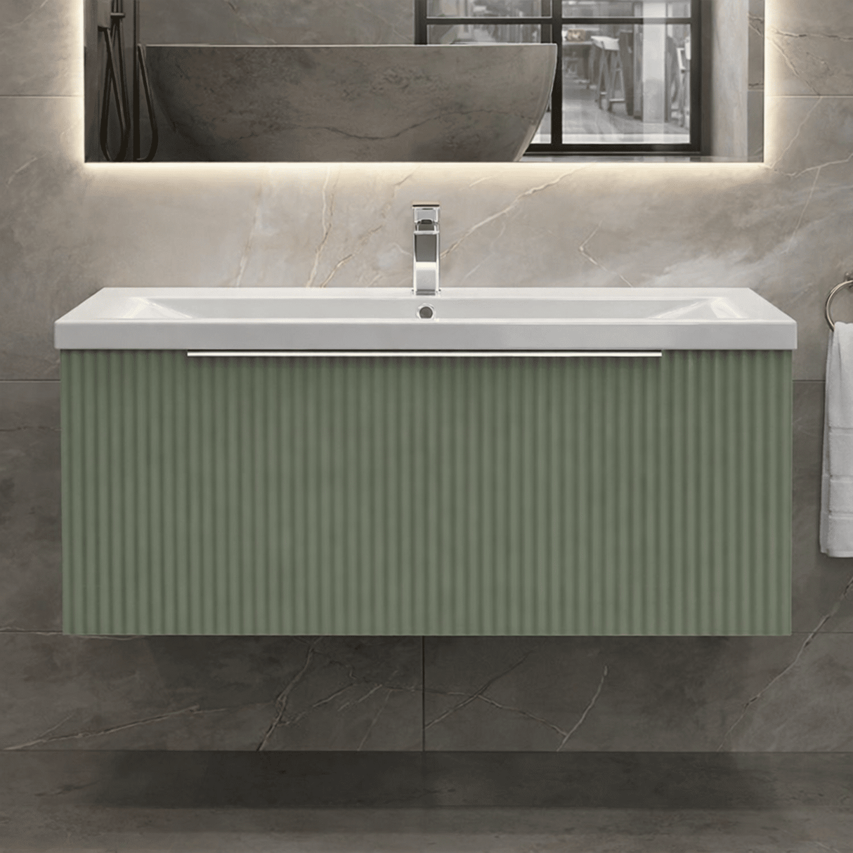 [BFFF896A] Tixall Fluted Front Wall Hung Vanity Basin Unit with Choice of Size, Colour and Handle Options - Silo