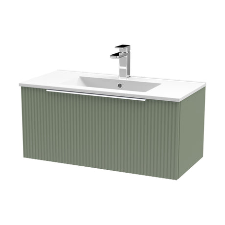 [BFFF896B] Tixall Fluted 1 Drawer Wall Hung Vanity Unit with Minimalist Basin, Satin Green, 800mm - Cutout
