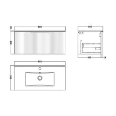 [BFFF896B] Tixall 1 Drawer Wall Hung Vanity Basin Unit with 1 Tap Hole Minimalist Ceramic Basin, Choice of Size and Colour - Technical Drawing