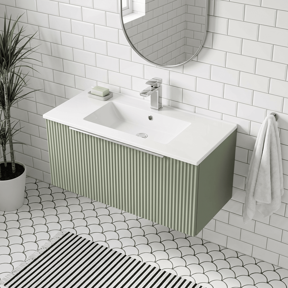 [BFFF896B] Tixall 1 Drawer Wall Hung Vanity Basin Unit with 1 Tap Hole Minimalist Ceramic Basin, Choice of Size and Colour
