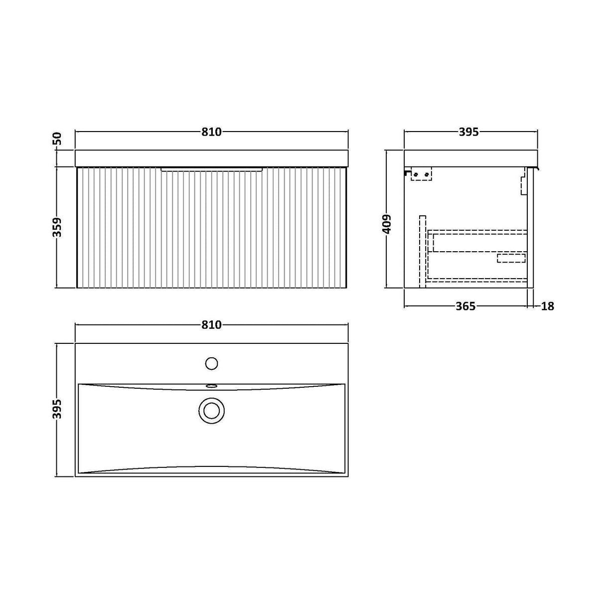 [BFFF896D] Tixall 1 Drawer Wall Hung Vanity Basin Unit with 1 Tap Hole Thin-Edge Ceramic Basin, Choice of Size and Colour - Technical Drawing