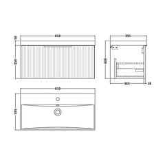 [BFFF896D] Tixall 1 Drawer Wall Hung Vanity Basin Unit with 1 Tap Hole Thin-Edge Ceramic Basin, Choice of Size and Colour - Technical Drawing