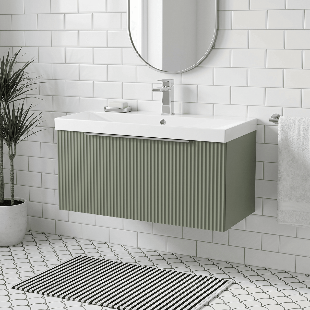 [BFFF896D] Tixall 1 Drawer Wall Hung Vanity Basin Unit with 1 Tap Hole Thin-Edge Ceramic Basin, Choice of Size and Colour