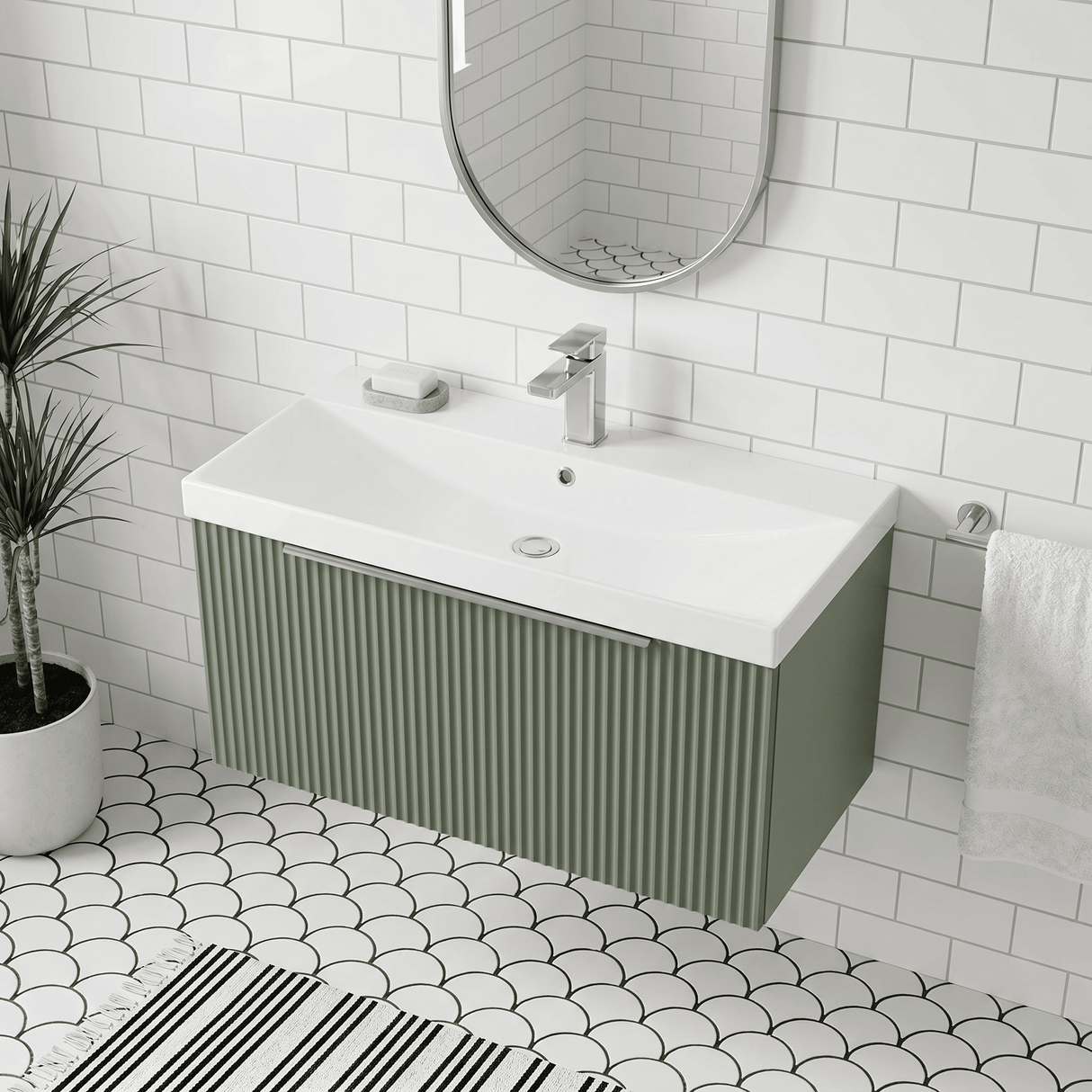 [BFFF896D] Tixall 1 Drawer Wall Hung Vanity Basin Unit with 1 Tap Hole Thin-Edge Ceramic Basin, Choice of Size and Colour