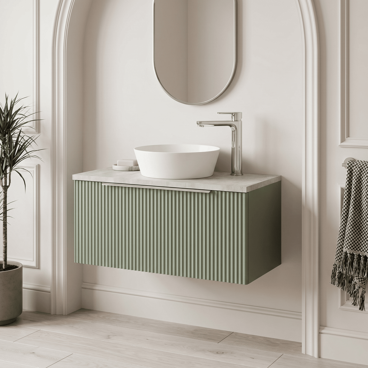 [BFFF896LBG] Tixall Fluted 1 Drawer Wall Hung Vanity Unit with Carrera Marble Laminate Worktop, Choice of Size and Colour