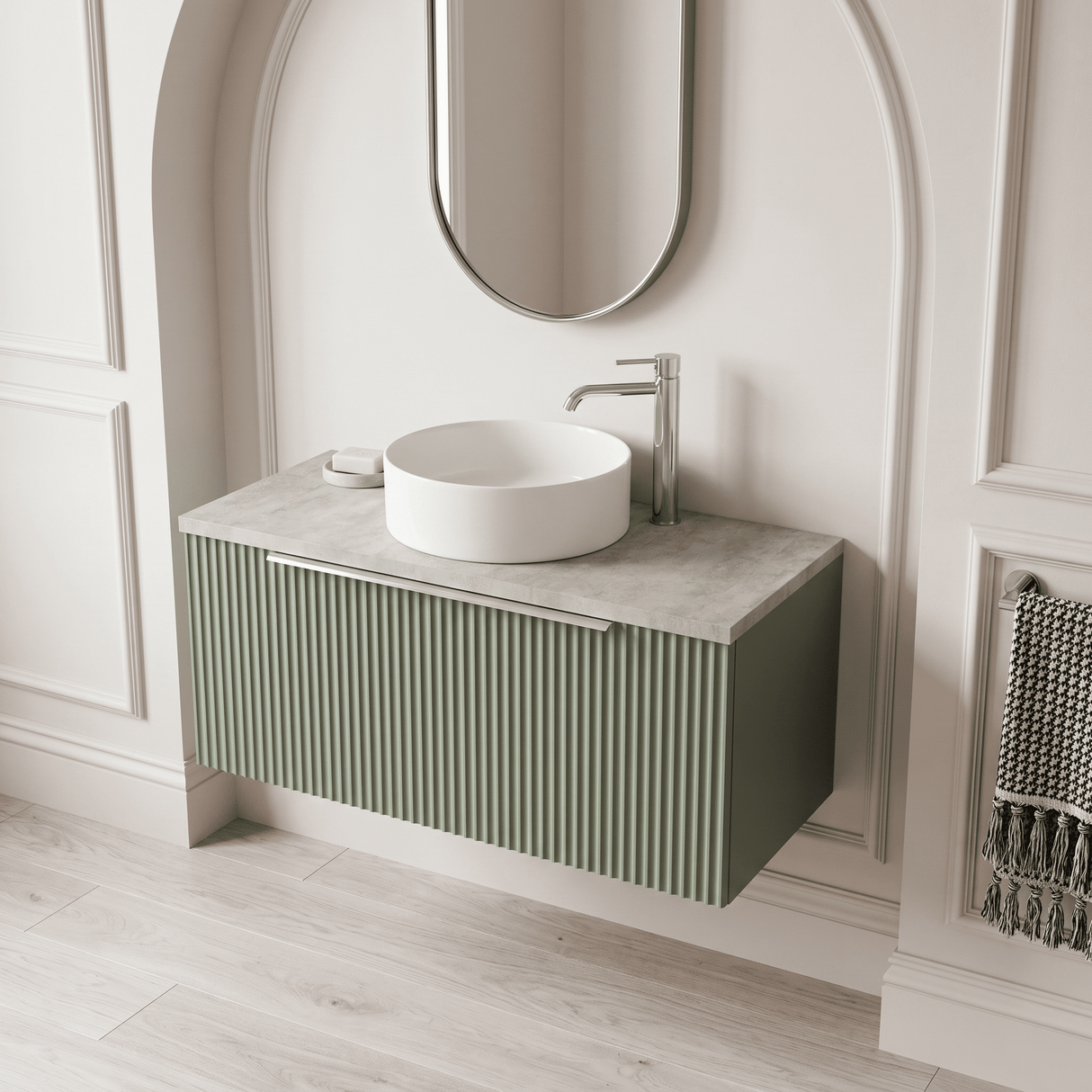 [BFFF896LBG] Tixall Fluted 1 Drawer Wall Hung Vanity Unit with Carrera Marble Laminate Worktop, Choice of Size and Colour