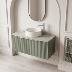 [BFFF896LBG] Tixall Fluted 1 Drawer Wall Hung Vanity Unit with Carrera Marble Laminate Worktop, Choice of Size and Colour