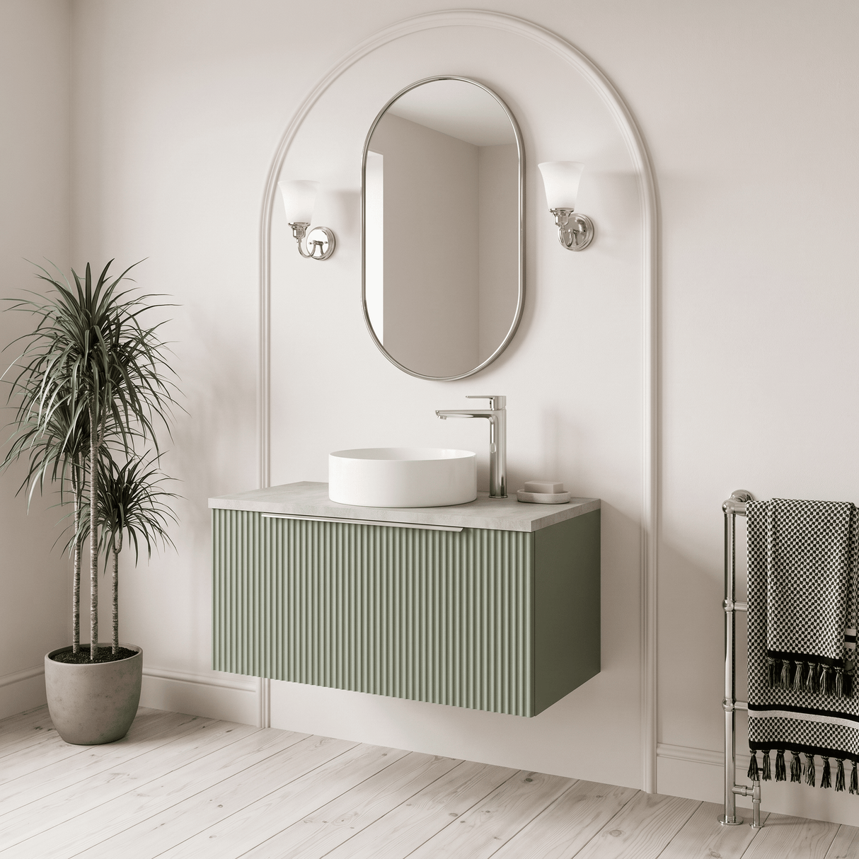 [BFFF896LBG] Tixall Fluted 1 Drawer Wall Hung Vanity Unit with Carrera Marble Laminate Worktop, Choice of Size and Colour