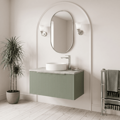 [BFFF896LBG] Tixall Fluted 1 Drawer Wall Hung Vanity Unit with Carrera Marble Laminate Worktop, Choice of Size and Colour
