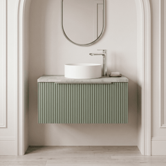 [BFFF896LBG] Tixall Fluted 1 Drawer Wall Hung Vanity Unit with Carrera Marble Laminate Worktop, Choice of Size and Colour - Silo