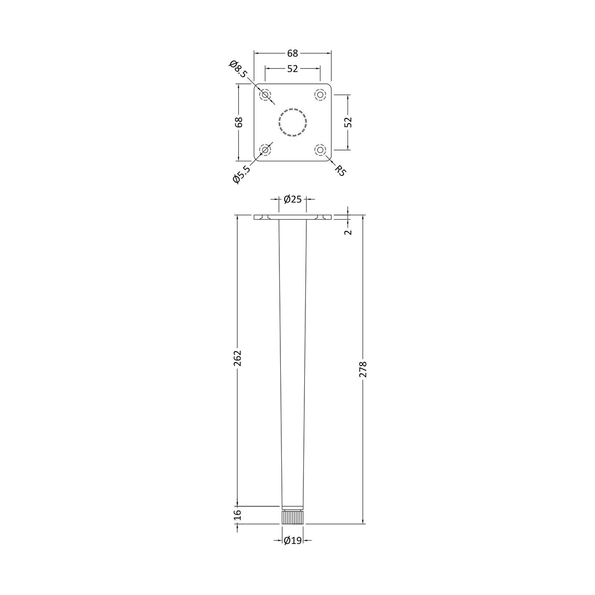 [BFFL826] Decorative Furniture Leg Set, 260mm, Pair, Choice of Colour - Technical Drawing