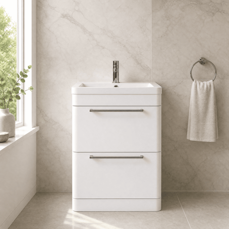 [BFGE001] Calwich Contemporary Bathroom Floor Standing Vanity Basin Unit with 2 Drawers & 1 Tap Hole Basin, Choice of Size/Colour/Basin Type - Silo
