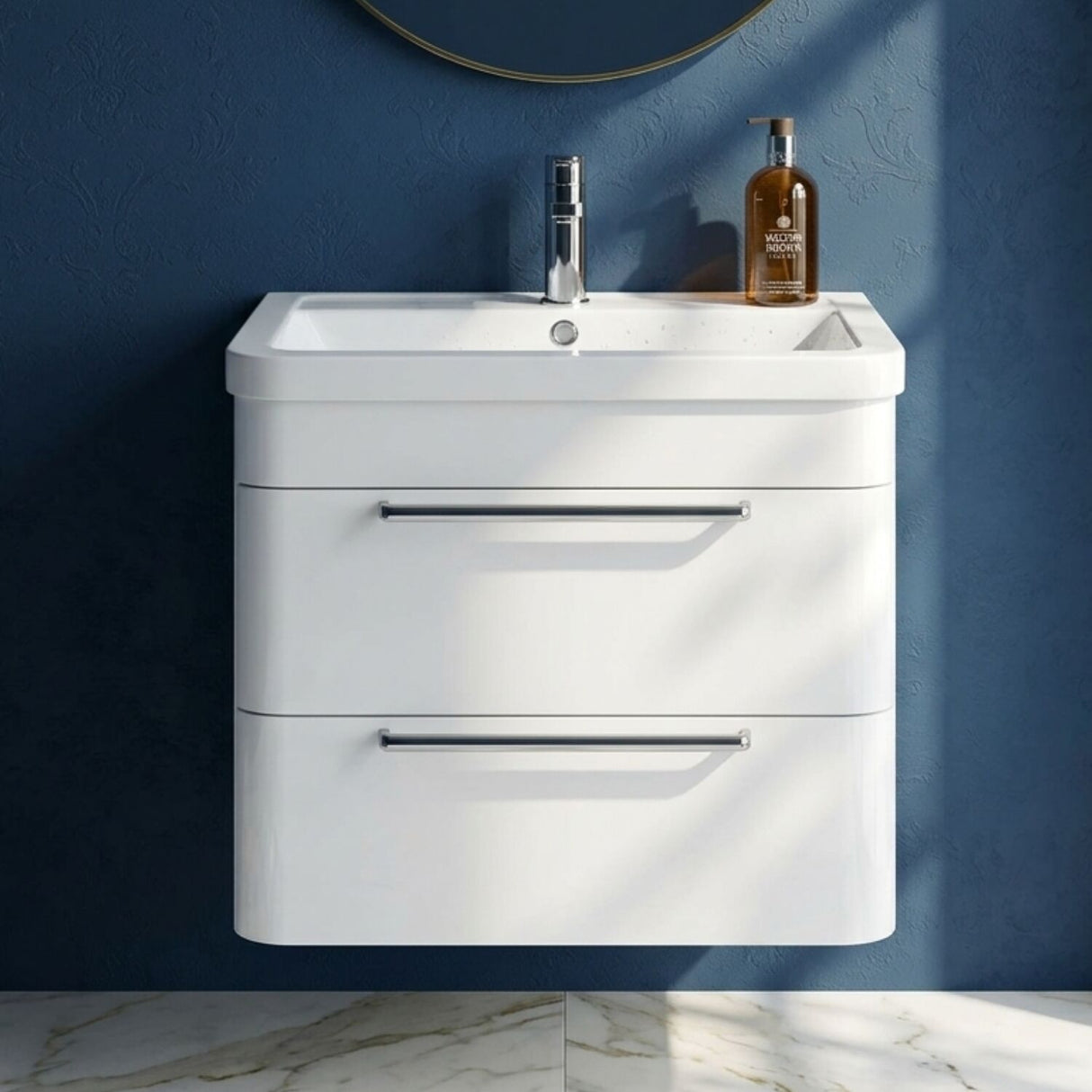 [BFGE002A] Calwich Contemporary Bathroom Wall Hung Vanity Unit with 2 Soft Close Drawers & 1 Tap Hole Basin, Choice of Size/Colour/Basin Type - Silo