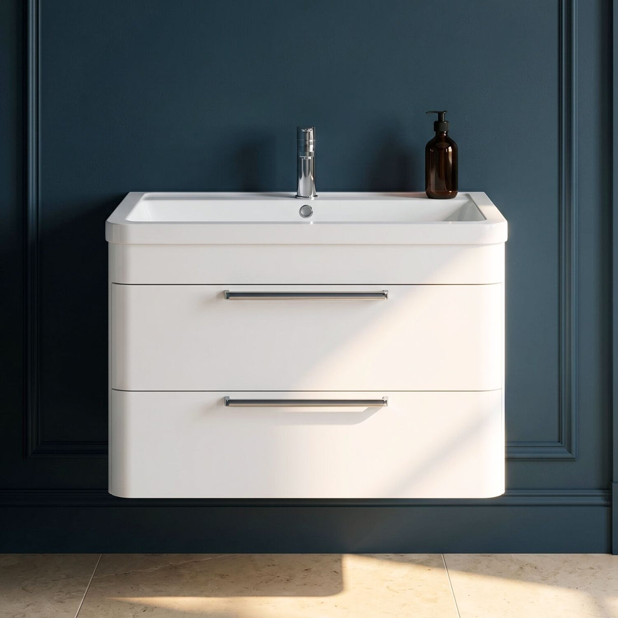 [BFGE005A] Calwich Contemporary Bathroom Wall Hung Vanity Unit with 2 Soft Close Drawers & 1 Tap Hole Basin, Choice of Size/Colour/Basin Type - Silo