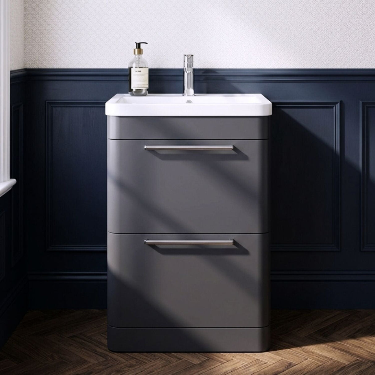 [BFGE1401] Calwich Contemporary Bathroom Floor Standing Vanity Basin Unit with 2 Drawers & 1 Tap Hole Basin, Choice of Size/Colour/Basin Type - Silo