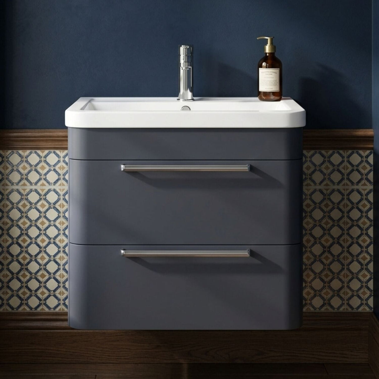 [BFGE1402A] Calwich Contemporary Bathroom Wall Hung Vanity Unit with 2 Soft Close Drawers & 1 Tap Hole Basin, Choice of Size/Colour/Basin Type - Silo