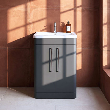 [BFGE1410] Calwich Contemporary Bathroom Floor Standing Vanity with 2 Soft Close Doors & 1 Tap Hole Basin, 600mm, Choice of Colour and Basin Type - Silo