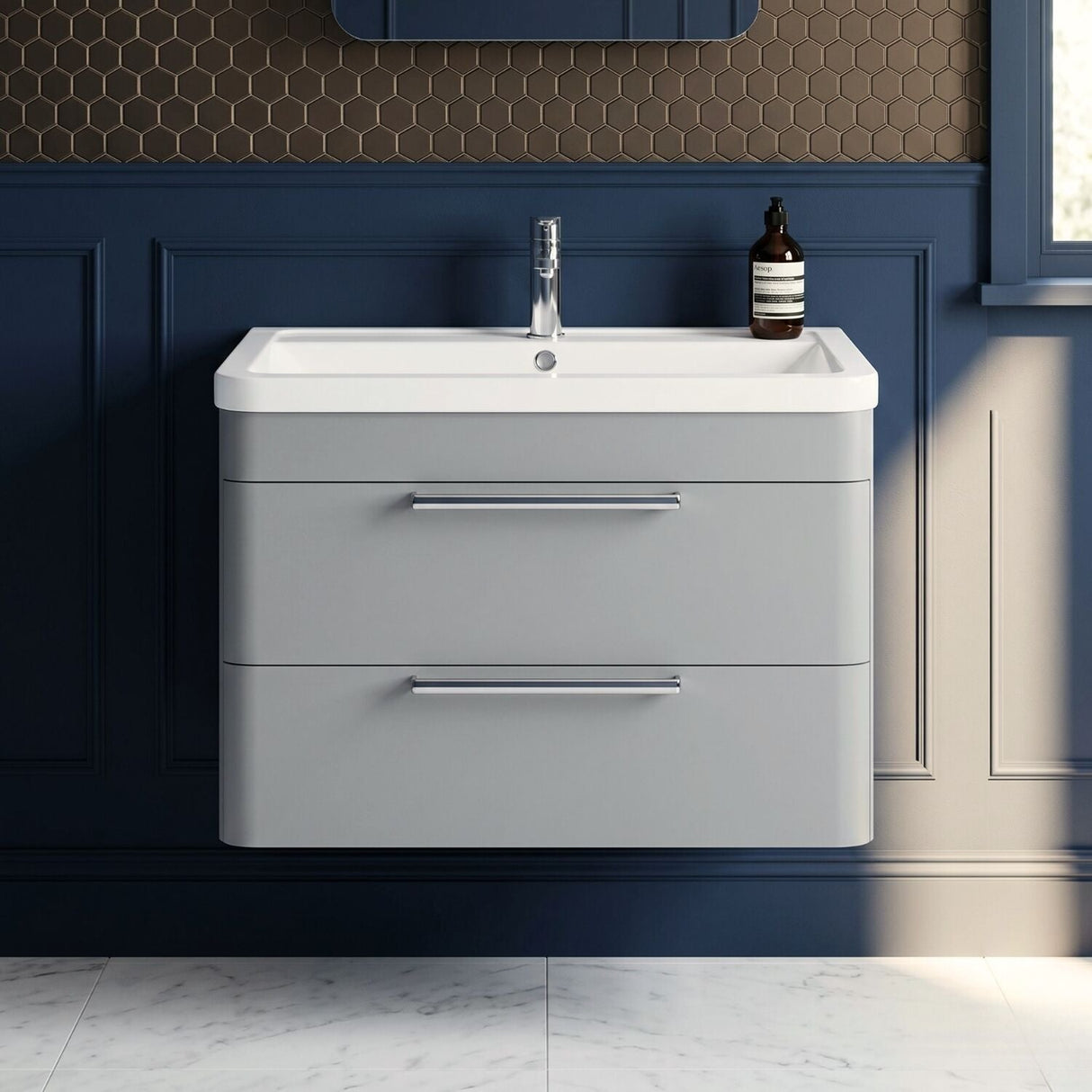 [BFGE205A] Calwich Contemporary Bathroom Wall Hung Vanity Unit with 2 Soft Close Drawers & 1 Tap Hole Basin, Choice of Size/Colour/Basin Type - Silo