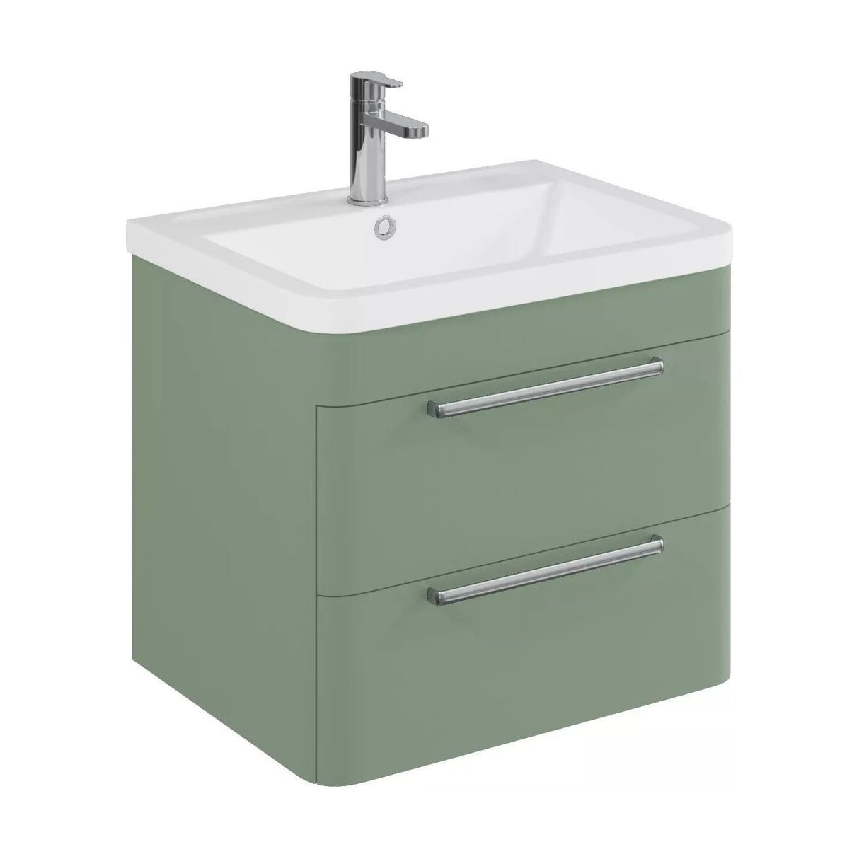 [BFGE802] Balterley Contemporary Bathroom Wall Hung Vanity Unit with 2 Soft Close Drawers & 1 Tap Hole Polymarble Basin, Satin Green, 600mm - Cutout