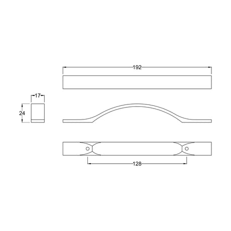 [BFH251] Strap Handle, 192mm (128mm Centres) - Chrome - Technical Drawing