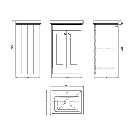 [BFHE123A] Balterley 500mm Floor Standing 2 Door Unit with Classic Basin 1 Tap Hole - Satin White - Technical Drawing