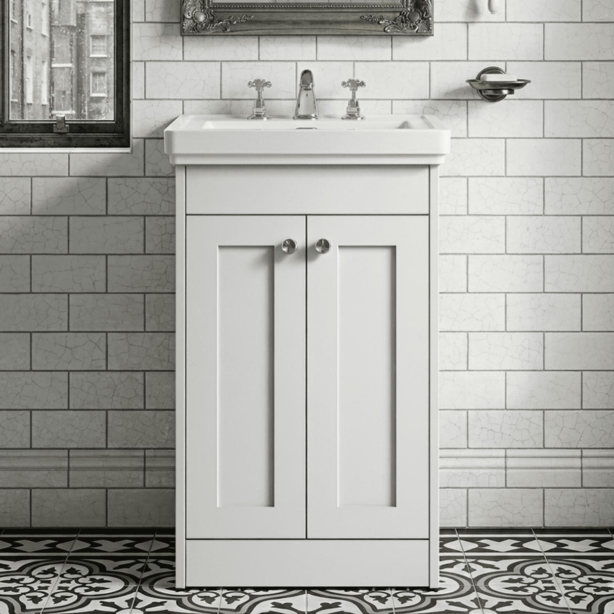 [BFHE123B] Balterley 500mm Floor Standing 2 Door Unit with Classic Basin 3 Tap Hole - Satin White - Silo