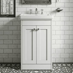 [BFHE123B] Balterley 500mm Floor Standing 2 Door Unit with Classic Basin 3 Tap Hole - Satin White - Silo