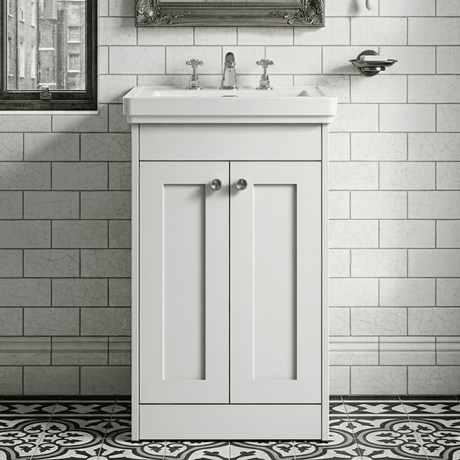 [BFHE123B] Balterley 500mm Floor Standing 2 Door Unit with Classic Basin 3 Tap Hole - Satin White - Silo