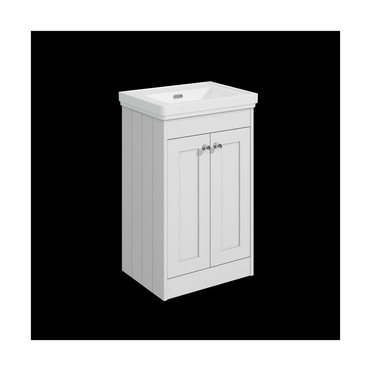 [BFHE123H] Balterley 500mm Floor Standing 2 Door Unit with Classic Basin, No Tap Hole - Satin White - Cutout