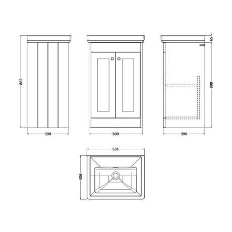[BFHE123H] Balterley 500mm Floor Standing 2 Door Unit with Classic Basin, No Tap Hole - Satin White - Technical Drawing