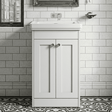 [BFHE123H] Balterley 500mm Floor Standing 2 Door Unit with Classic Basin, No Tap Hole - Satin White - Silo