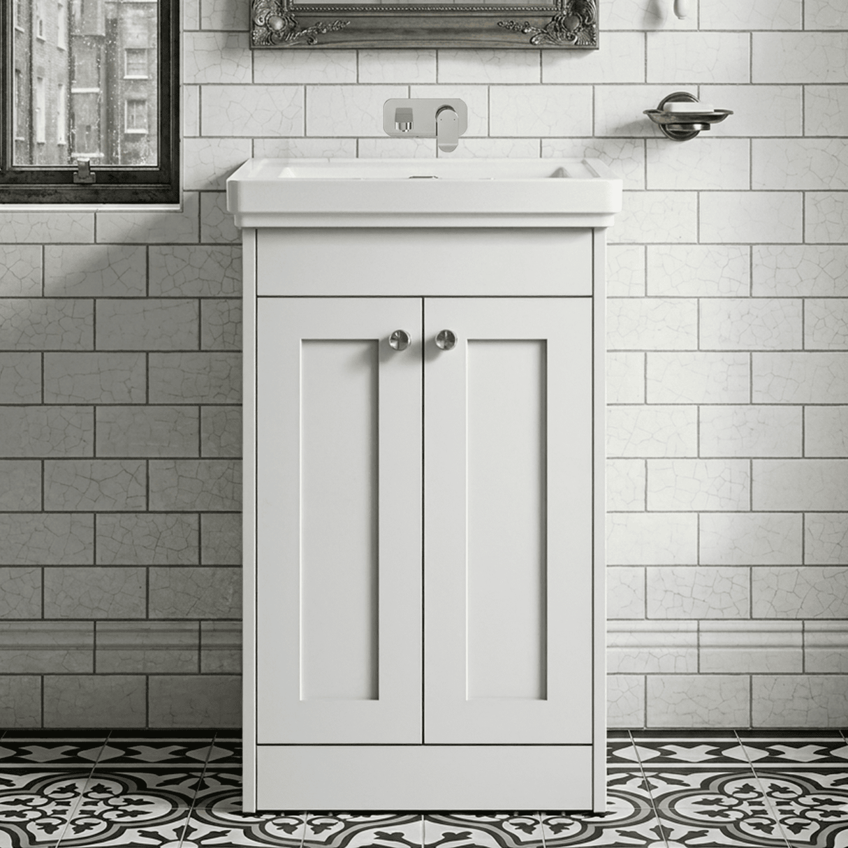 [BFHE123H] Balterley 500mm Floor Standing 2 Door Unit with Classic Basin, No Tap Hole - Satin White - Silo