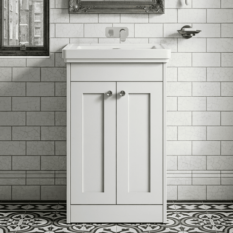 [BFHE123H] Balterley 500mm Floor Standing 2 Door Unit with Classic Basin, No Tap Hole - Satin White - Silo