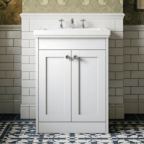 [BFHE125B] Balterley 600mm Floor Standing 2 Door Unit with Classic Basin 3 Tap Hole - Satin White - Silo