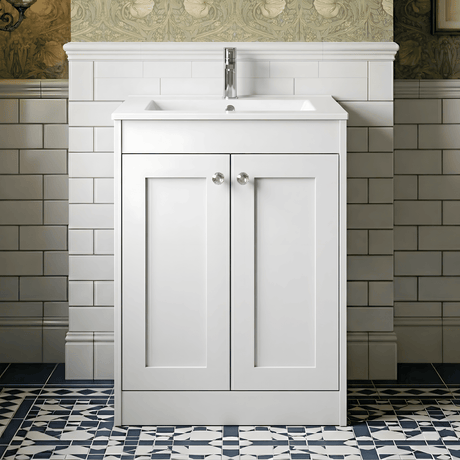 [BFHE125C] Balterley 600mm Floor Standing 2 Door Unit with Minimalist Basin 1 Tap Hole - Satin White - Silo