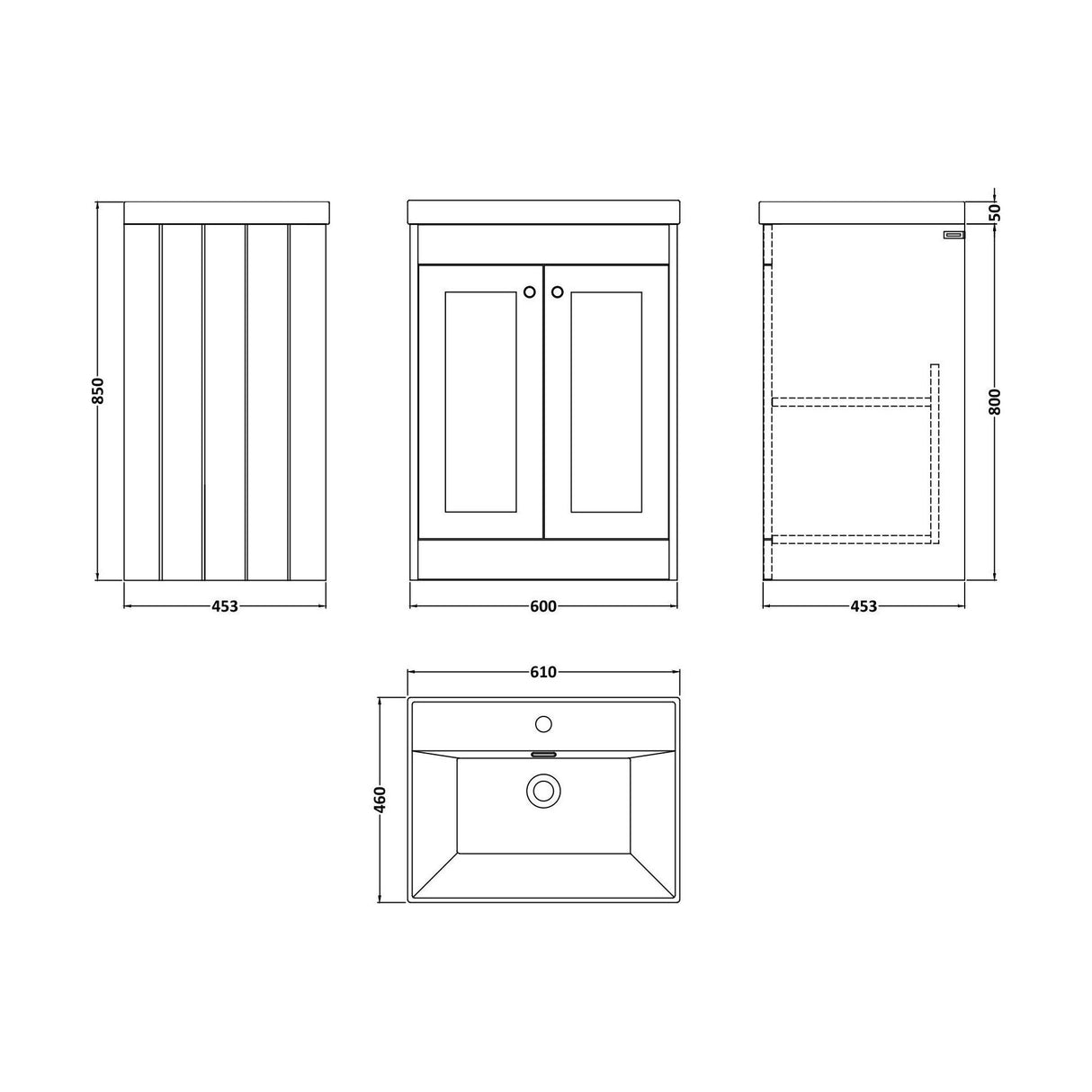 [BFHE125E] Balterley 600mm Floor Standing 2 Door Unit with Thin Edge Basin 1 Tap Hole - Satin White - Technical Drawing